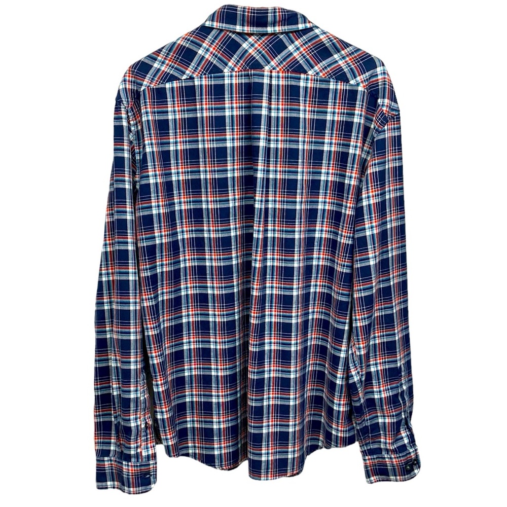 Lands’ End Flannel Shirt XL 17-17.5 Tailored Fit Navy Red Plaid - Picture 2 of 5